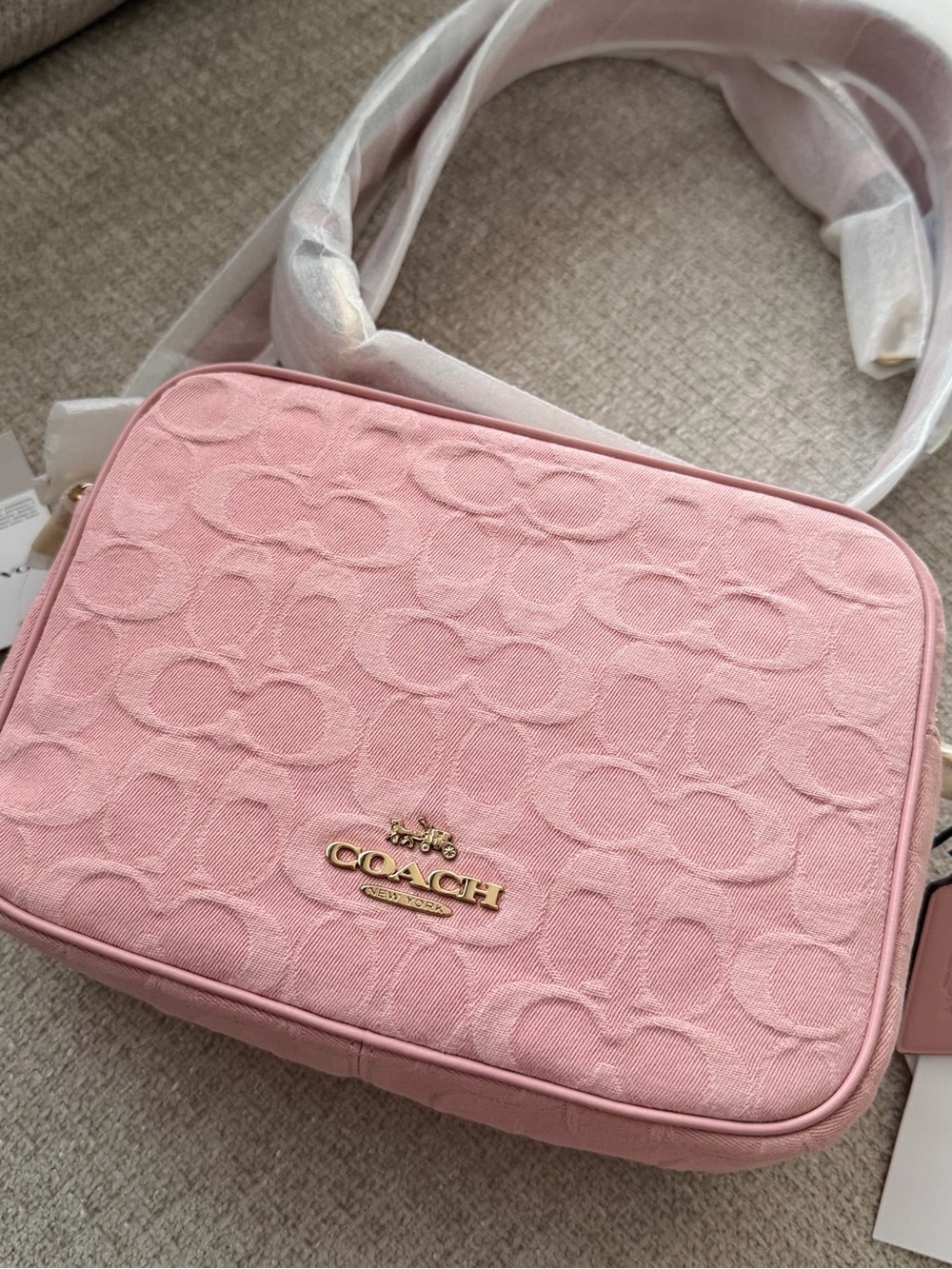 Coach Carey Pink Denim Crossbody Bag with Gold Logo